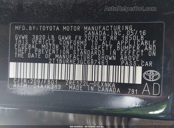 2T1BURHE3GC687461 2016 TOYOTA COROLLA Black 