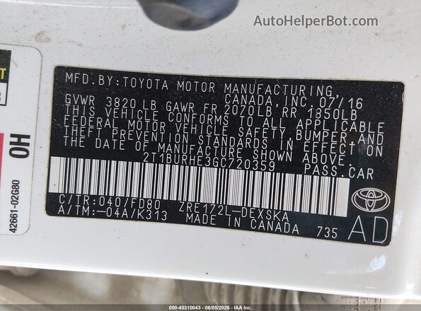 2T1BURHE3GC720359 2016 TOYOTA COROLLA White ძრავის განყოფილების ხედი