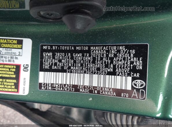 2T1BURHE3GC723567 2016 TOYOTA COROLLA Green ძრავის განყოფილების ხედი