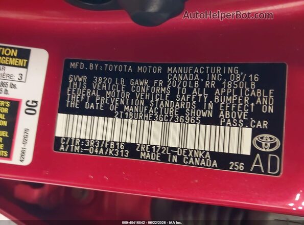2T1BURHE3GC736965 2016 TOYOTA COROLLA Red Вид підкапотного простору
