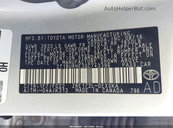 2T1BURHE3GC743396 2016 TOYOTA COROLLA Silver Engine compartment view