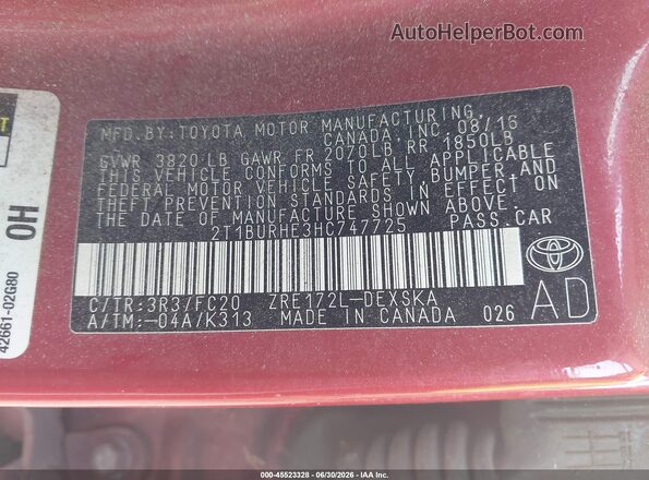 2T1BURHE3HC747725 2017 TOYOTA COROLLA Красный Вид подкапотного пространства