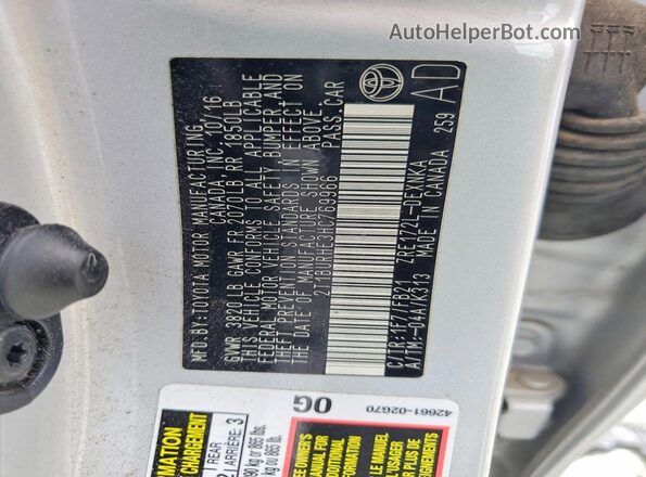 2T1BURHE3HC769966 2017 TOYOTA COROLLA Silver Вид наклейки з VIN-кодом