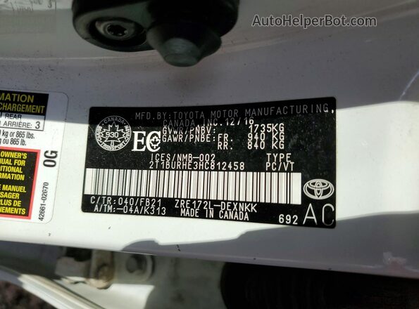 2T1BURHE3HC812458 2017 TOYOTA COROLLA White VIN sticker view