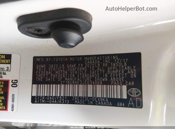2T1BURHE3JC034068 2018 TOYOTA COROLLA White Շարժիչի բաժամունքի տեսք