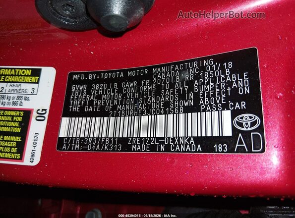 2T1BURHE3JC041568 2018 TOYOTA COROLLA Red ძრავის განყოფილების ხედი