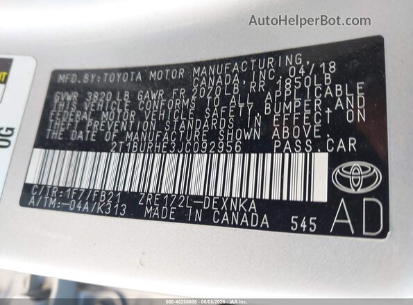 2T1BURHE3JC092956 2018 TOYOTA COROLLA Silver Widok komory silnika