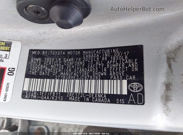 2T1BURHE3JC979392 2018 TOYOTA COROLLA Silver 