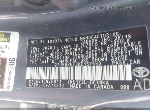 2T1BURHE3KC157550 2019 TOYOTA COROLLA Gray Widok komory silnika