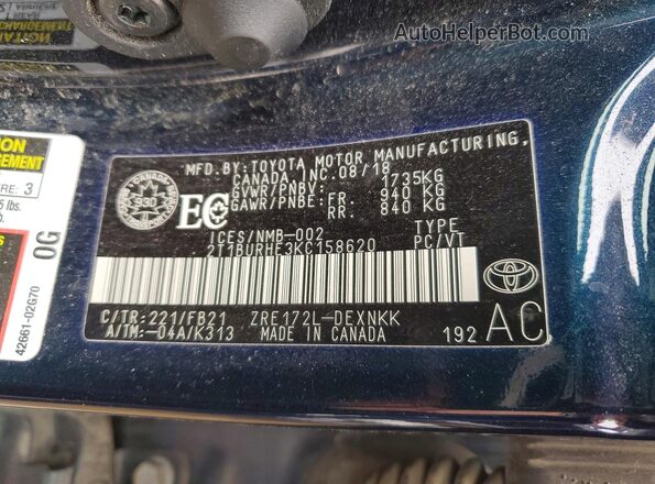 2T1BURHE3KC158620 2019 TOYOTA COROLLA Blue 