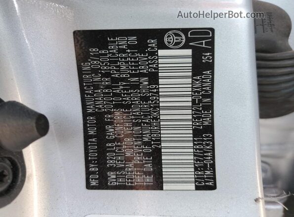 2T1BURHE3KC159749 2019 TOYOTA COROLLA Silver VIN կոդի պիտակի տեսք
