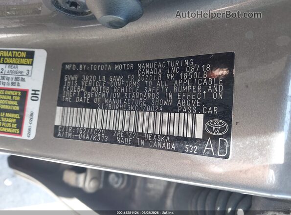 2T1BURHE3KC170024 2019 TOYOTA COROLLA Gray Engine compartment view