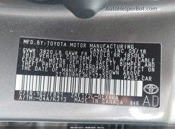 2T1BURHE3KC173358 2019 TOYOTA COROLLA Gray Vista del compartimento del motor