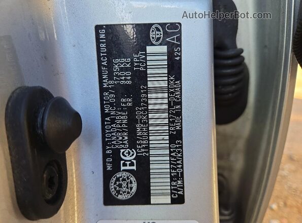 2T1BURHE3KC173912 2019 TOYOTA COROLLA Gray Widok komory silnika