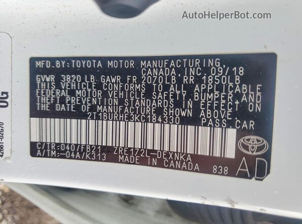 2T1BURHE3KC184330 2019 TOYOTA COROLLA White 