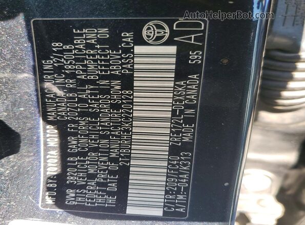 2T1BURHE3KC220128 2019 TOYOTA COROLLA Black 