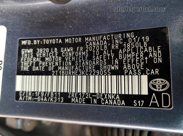 2T1BURHE3KC229055 2019 TOYOTA COROLLA Gray Widok komory silnika