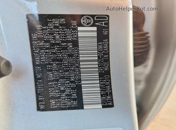 2T1BURHE3KC229993 2019 TOYOTA COROLLA Silver VIN კოდის სტიკერის ხედი