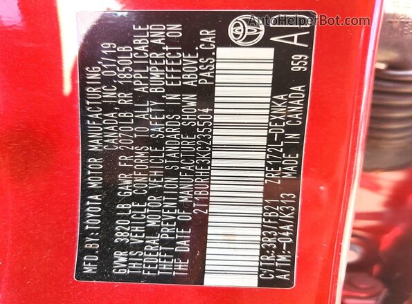 2T1BURHE3KC235504 2019 TOYOTA COROLLA Red Widok komory silnika