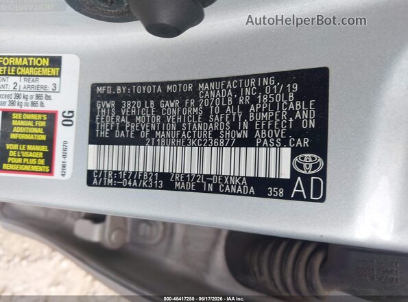 2T1BURHE3KC236877 2019 TOYOTA COROLLA Silver ძრავის განყოფილების ხედი