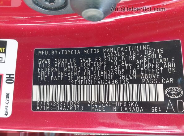 2T1BURHE4GC486135 2016 TOYOTA COROLLA Красный 