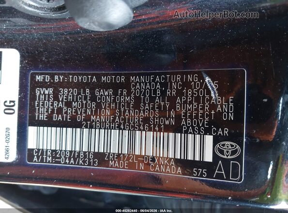 2T1BURHE4GC546141 2016 TOYOTA COROLLA Black Widok komory silnika