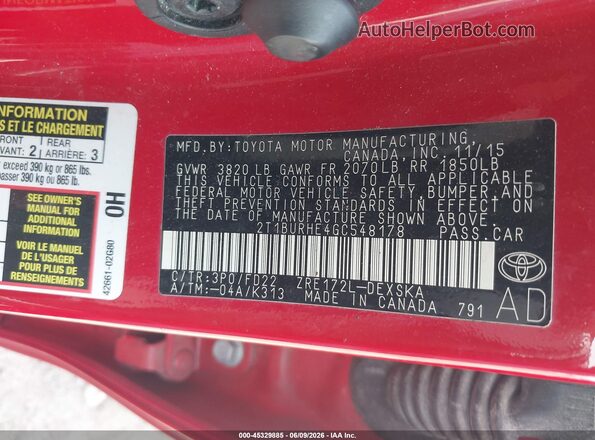 2T1BURHE4GC548178 2016 TOYOTA COROLLA Red Вид підкапотного простору