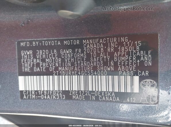 2T1BURHE4GC554000 2016 TOYOTA COROLLA Gray Вид підкапотного простору