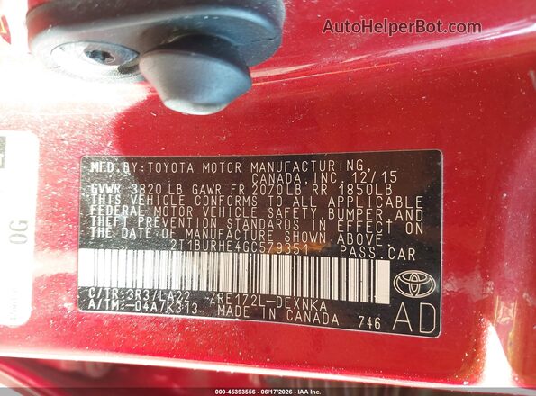 2T1BURHE4GC579351 2016 TOYOTA COROLLA Red Вид підкапотного простору