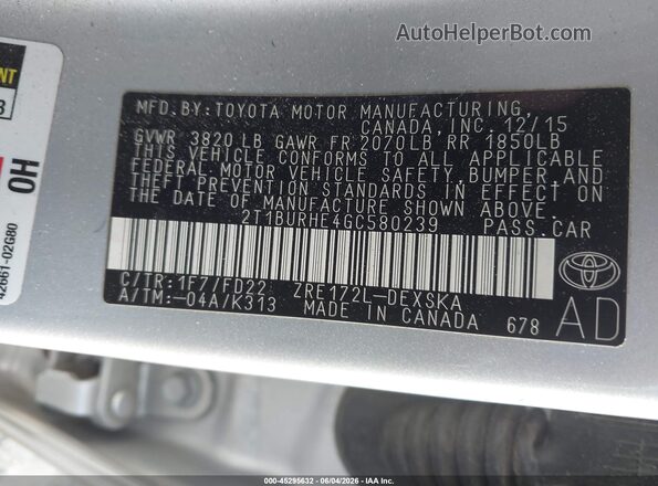 2T1BURHE4GC580239 2016 TOYOTA COROLLA Silver Вид підкапотного простору
