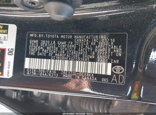 2T1BURHE4GC593685 2016 TOYOTA COROLLA Black 