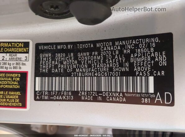 2T1BURHE4GC617001 2016 TOYOTA COROLLA Silver 