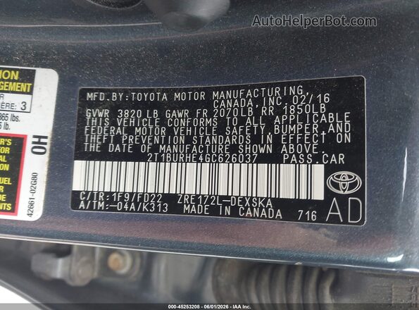 2T1BURHE4GC626037 2016 TOYOTA COROLLA Blue 