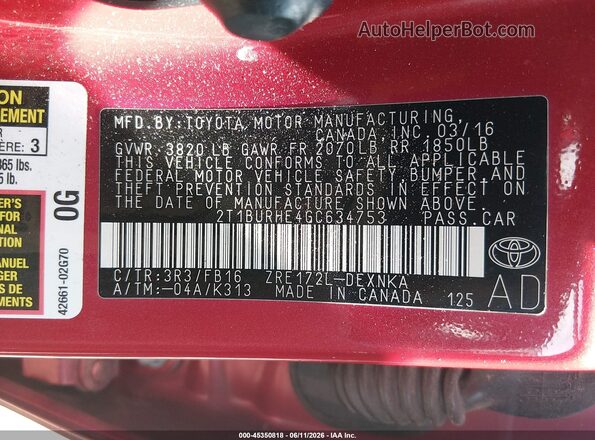 2T1BURHE4GC634753 2016 TOYOTA COROLLA Red Շարժիչի բաժամունքի տեսք