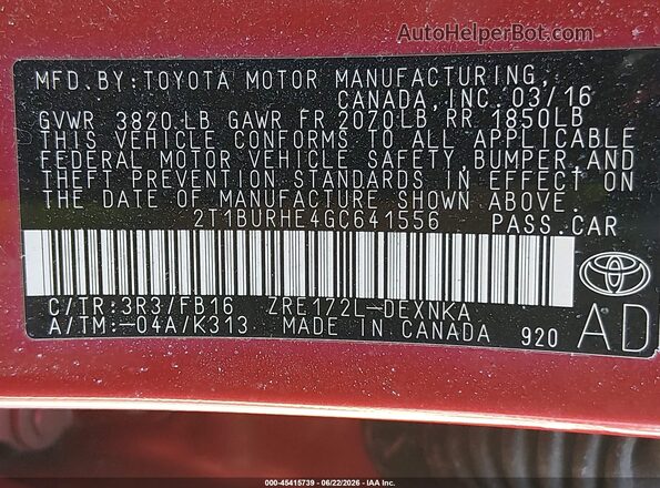 2T1BURHE4GC641556 2016 TOYOTA COROLLA Burgundy ძრავის განყოფილების ხედი