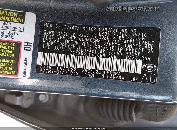 2T1BURHE4GC691566 2016 TOYOTA COROLLA Gray Engine compartment view