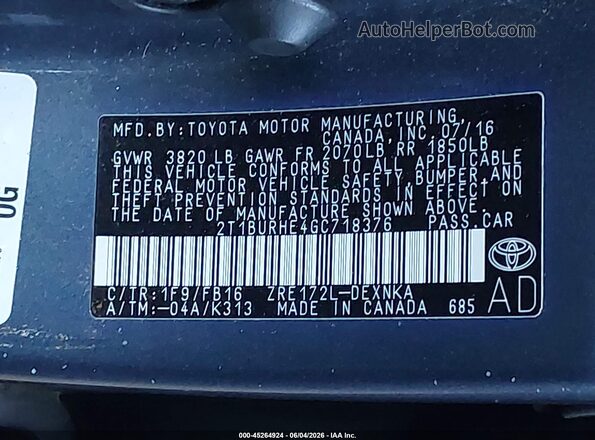 2T1BURHE4GC718376 2016 TOYOTA COROLLA Синий Вид подкапотного пространства