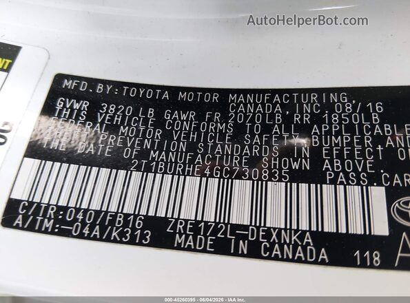 2T1BURHE4GC730835 2016 TOYOTA COROLLA White 
