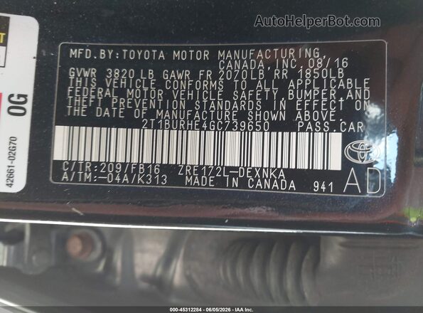 2T1BURHE4GC739650 2016 TOYOTA COROLLA Black 
