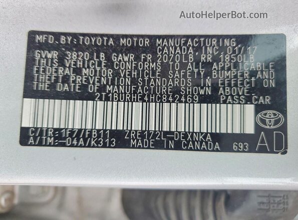 2T1BURHE4HC842469 2017 TOYOTA COROLLA Silver Вид наклейки з VIN-кодом