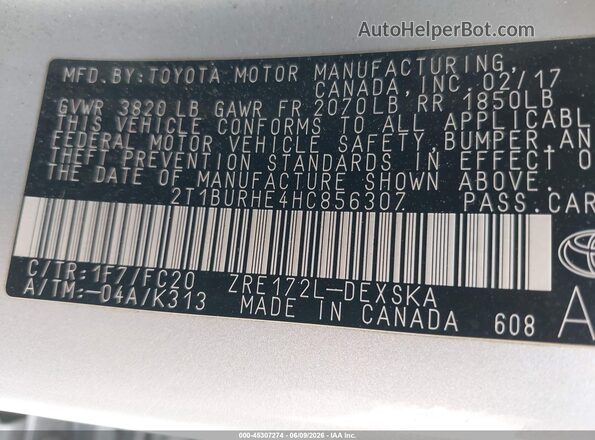 2T1BURHE4HC856307 2017 TOYOTA COROLLA Silver Շարժիչի բաժամունքի տեսք