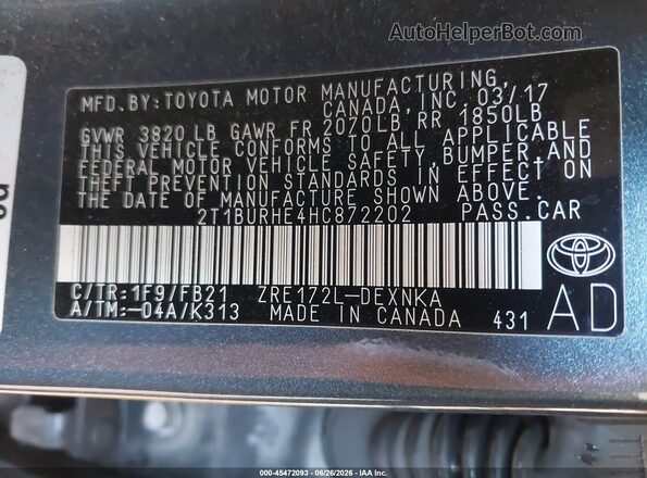 2T1BURHE4HC872202 2017 TOYOTA COROLLA Gray Widok komory silnika