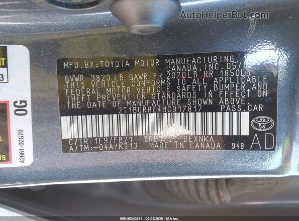 2T1BURHE4HC917817 2017 TOYOTA COROLLA Blue 
