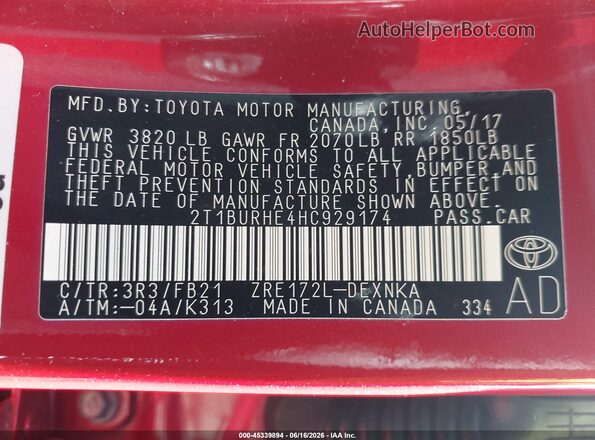 2T1BURHE4HC929174 2017 TOYOTA COROLLA Red ძრავის განყოფილების ხედი
