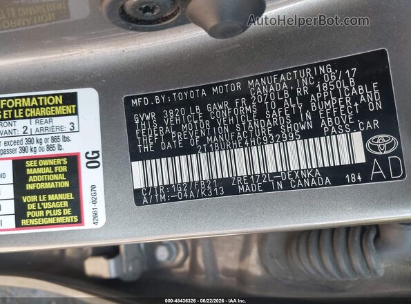 2T1BURHE4HC932995 2017 TOYOTA COROLLA Gray Շարժիչի բաժամունքի տեսք