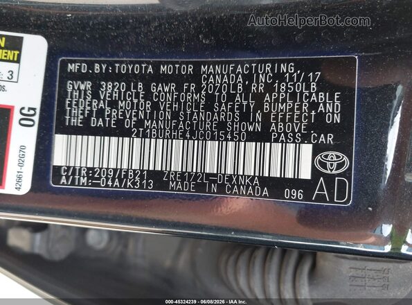 2T1BURHE4JC015450 2018 TOYOTA COROLLA Black ძრავის განყოფილების ხედი