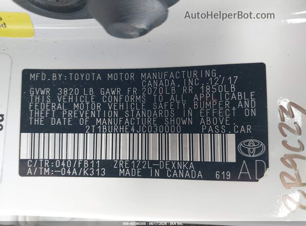 2T1BURHE4JC030000 2018 TOYOTA COROLLA White Widok komory silnika