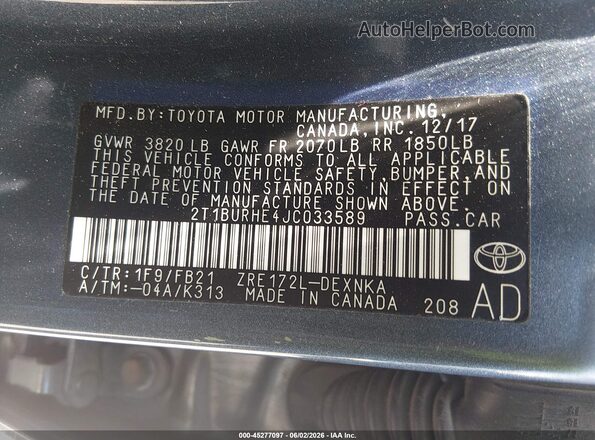 2T1BURHE4JC033589 2018 TOYOTA COROLLA Black Вид підкапотного простору