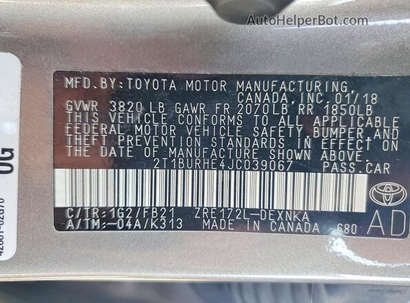 2T1BURHE4JC039067 2018 TOYOTA COROLLA Gray Вид підкапотного простору