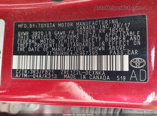 2T1BURHE4JC967395 2018 TOYOTA COROLLA Red Widok naklejki z numerem VIN